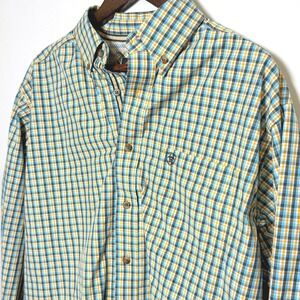 Ariat Pro Series Mens Long Sleeve Plaid Western Button Down Shirt Teal Gold L
